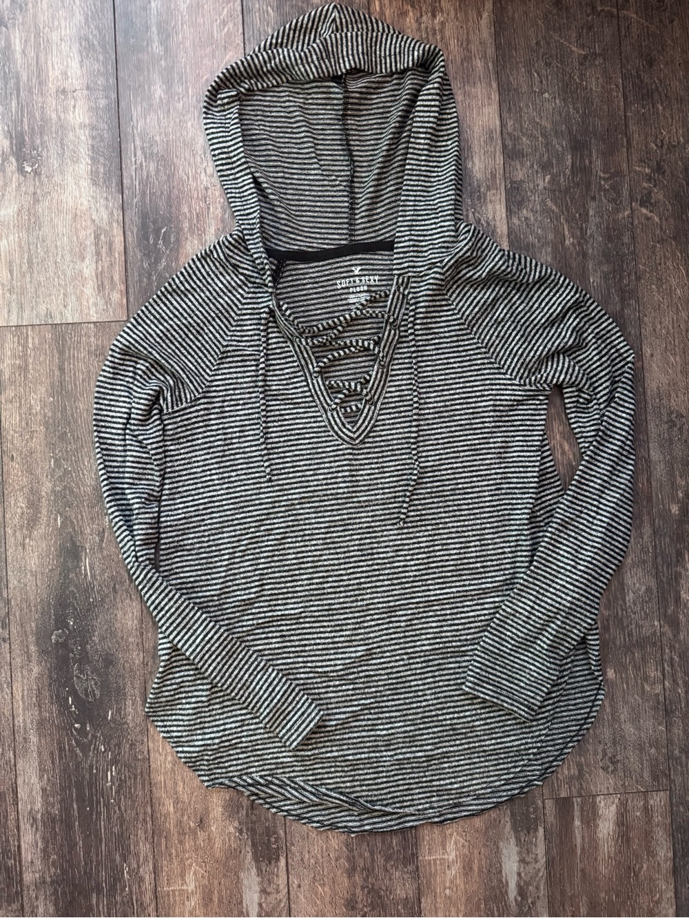 American Eagle Outfitters Black & White Striped Lace-Up Hooded Top